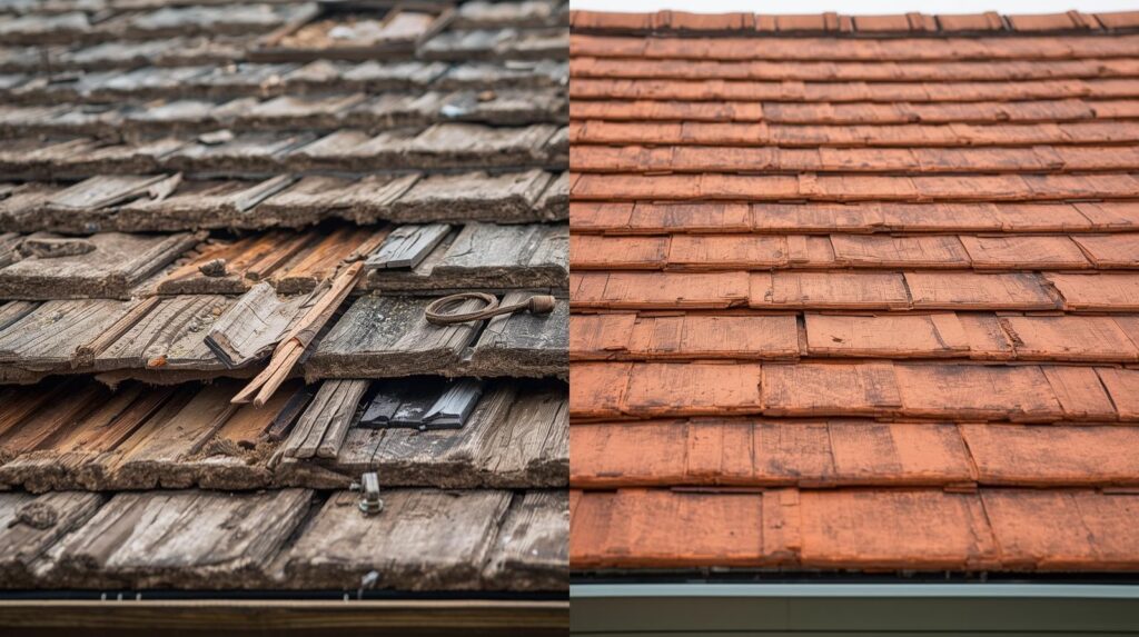 génère des images pareilles avant après pour un service de charpenterie effectué par un couvreur pro