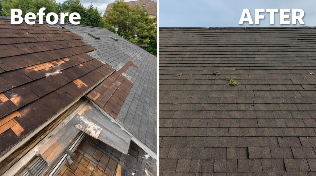 génère des images pareilles style avant après pour un service charpenterie effectué par un couvreur pro