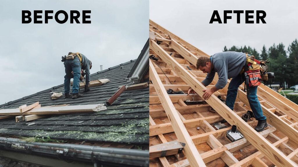 des images de format avant après montrant un couvreur en plein chantier de charpenterie (1)
