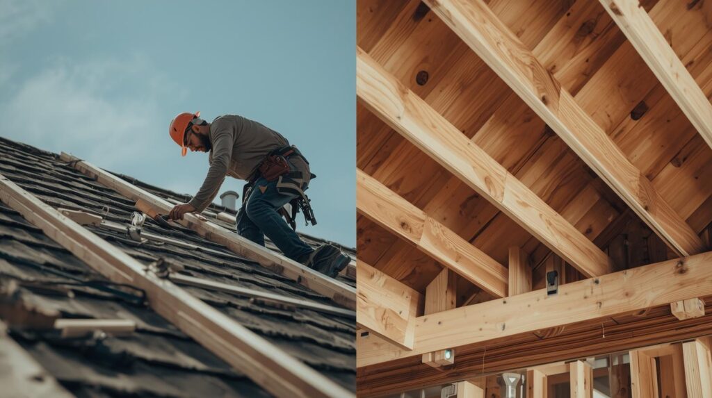 des images de format avant après montrant un couvreur en plein chantier de charpenterie