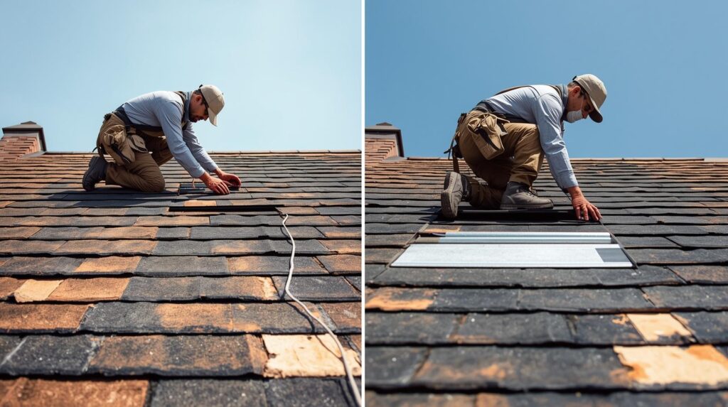 des images de format avant après montrant un couvreur en plein chantier de réparation de toiture. des images claires et sans aucun ombre.