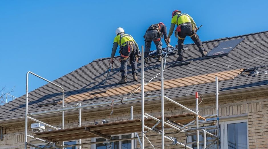 Couvreur entrain de remplacer la toiture d'une maison
