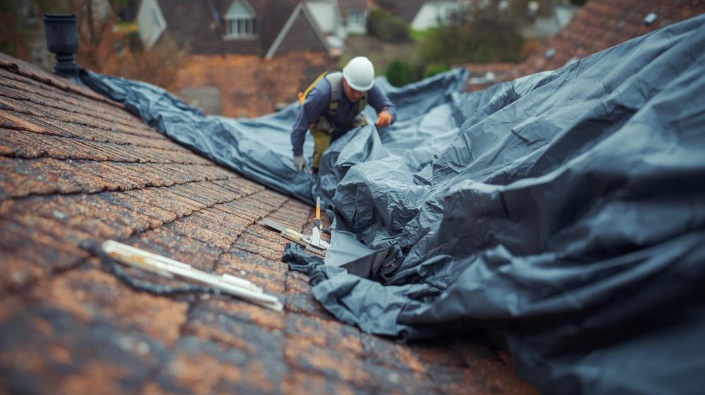 un couvreur en plein chantier de bâchage d'urgence sur un toit.