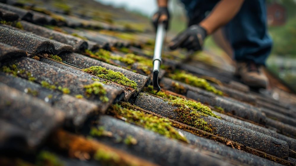 montrant un couvreur en plein chantier de nettoyage de toiture sur un toit.