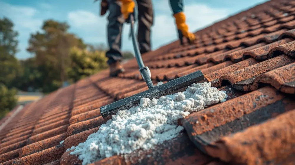 un couvreur en plein chantier de démoussage sur un toit.