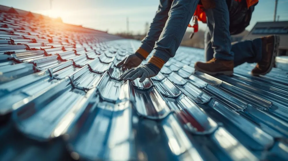 un couvreur en plein chantier de zinguerie sur un toit.